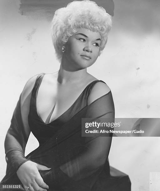 Etta James singer and songwriter seated in an elegant pose early in her career, March 10, 1962.