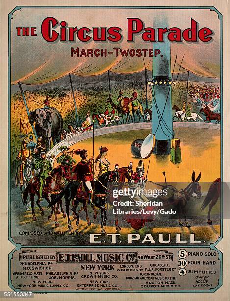 Sheet music cover image of 'The circus parade' by E T Paull and Ben Hur, with lithographic or engraving notes reading 'Lithograph by A Hoen & Co...