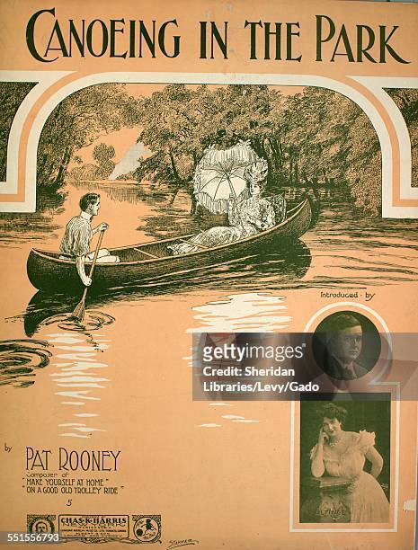 Sheet music cover image of 'Canoeing in the Park' by Pat Rooney, with lithographic or engraving notes reading 'unattrib photos of the Eltinges;...