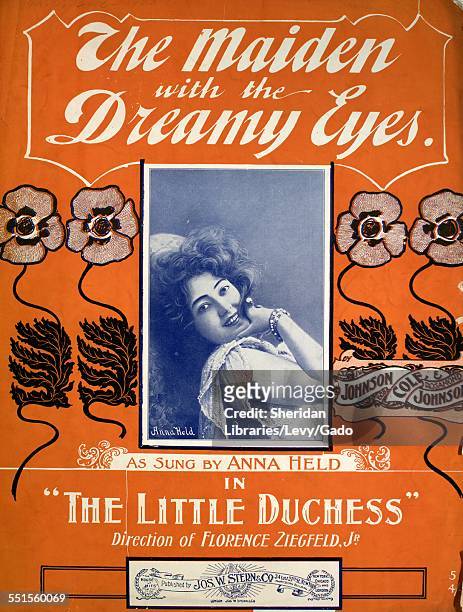 Color lithograph sheet music cover image of 'The Maiden with the Dreamy Eyes' by J W Johnson and Bob Cole, with lithographic or engraving notes...