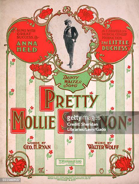 Color lithograph sheet music cover image of 'Pretty Mollie Shannon Dainty Waltz Song' by Geo H Ryan and Walter Wolff, with lithographic or engraving...