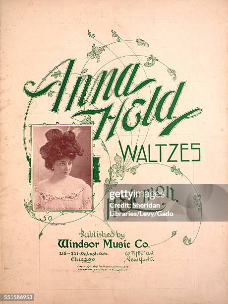 Sheet music cover image of 'Anna Held Waltzes' by H E Lemon, with lithographic or engraving notes reading 'WH Baker; unattrib photo of Anna Held,'...