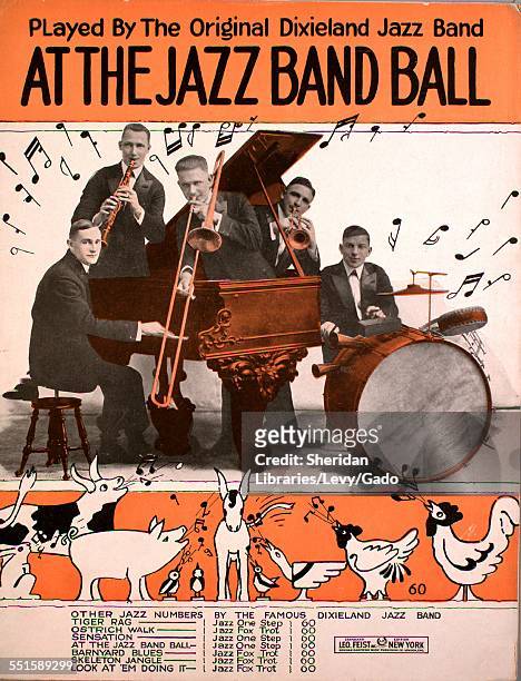 Sheet music cover image of 'At the Jazz Band Ball', with lithographic or engraving notes reading 'unattrib photo of the Original Dixieland Jazz...