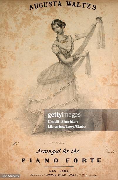 Sheet music cover image of 'Augusta Waltzs D'eo Qu'une Amie; Je Suis Content, Je Suis Hereux', with lithographic or engraving notes reading...