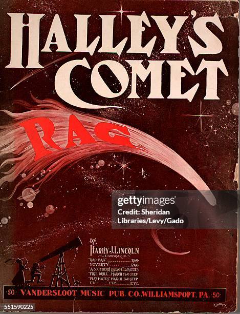 Color lithograph sheet music cover image of 'Halley's Comet Rag' by Harry J Lincoln, with lithographic or engraving notes reading 'WJ Dittmar,'...