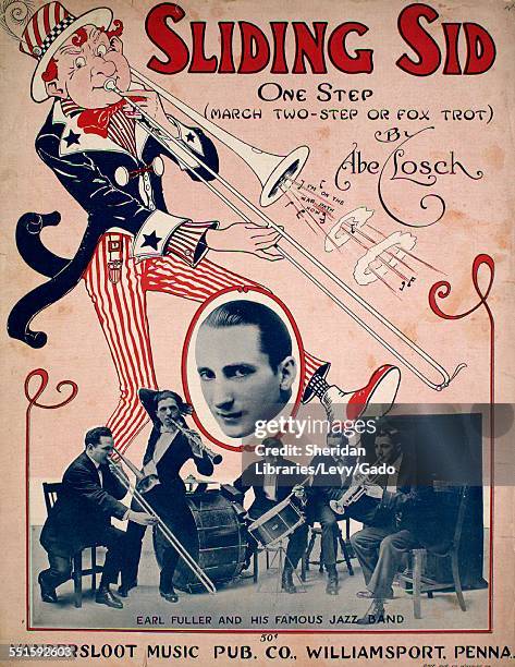 Sheet music cover image of 'Sliding Sid One Step ' by Abe Losch, with lithographic or engraving notes reading 'unattrib photo of Earl Fuller and His...