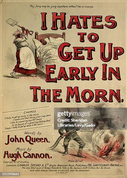 Sheet music cover image of 'I Hates to Get up Early in the Morn' by John Queen and Hugh Cannon, with lithographic or engraving notes reading 'HG...