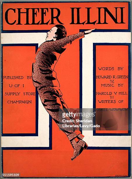 Color lithograph sheet music cover image of 'Cheer Illini' by Howard R Green and Harold V Hill, Champaign, Illinois, 1912.