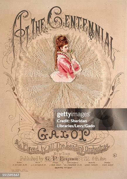 Sheet music cover image of 'At the Centennial Galop' by Thomas F Murphy, with lithographic or engraving notes reading 'Thos Russell Lithograph, 70...