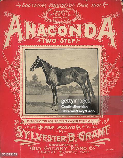 Color lithograph sheet music cover image of 'Anaconda Two-Step Souvenir Brockton Fair 1901' by Sylvester B Grant, with lithographic or engraving...