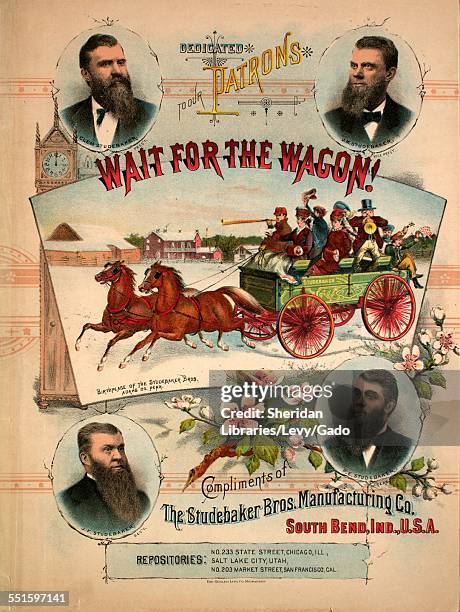 Sheet music cover image of 'Wait for the Wagon', with lithographic or engraving notes reading 'The Gugler Lithograph Co, Milwaukee,' South Bend,...