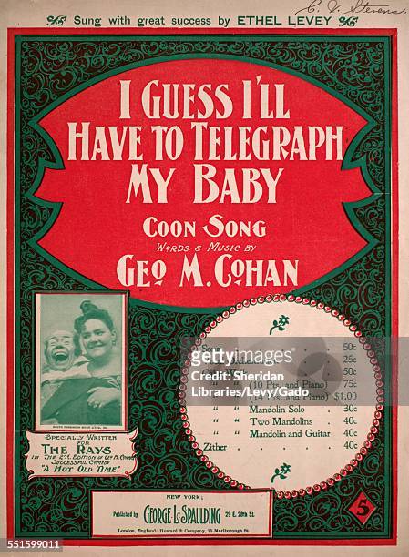 Color lithograph sheet music cover image of 'I Guess I'll Have to Telegraph My Baby Coon Song' by George M Cohan, with lithographic or engraving...