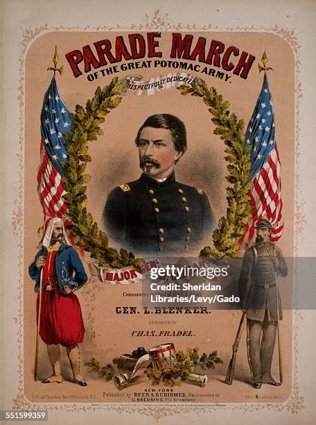 Sheet music cover image of 'Parade March of the Great Potomac Army' by Chas Fradel, with lithographic or engraving notes reading 'Lithograph of...