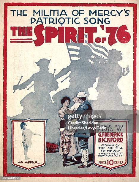 Sheet music cover image of 'The Spirit of '76 The Militia of Mercy's Patriotic Song' by G Frederick Bickford and Stephen O Jones, with lithographic...