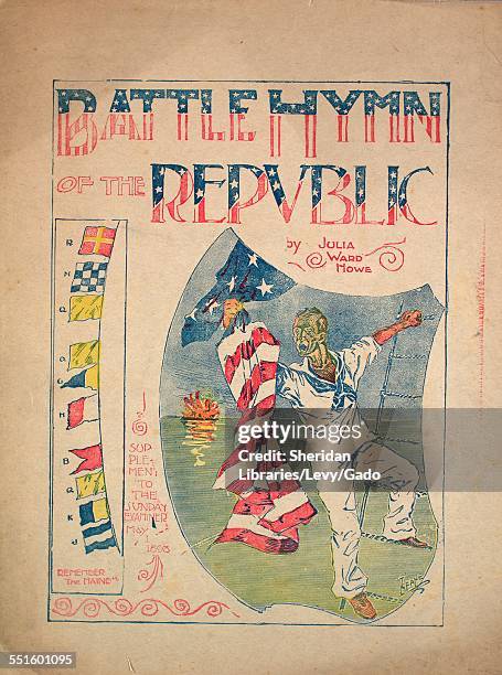 Sheet music cover image of 'Battle Hymn of the Republic' by Julia Ward Howe, with lithographic or engraving notes reading 'Keane; Latimer's Musigraph...