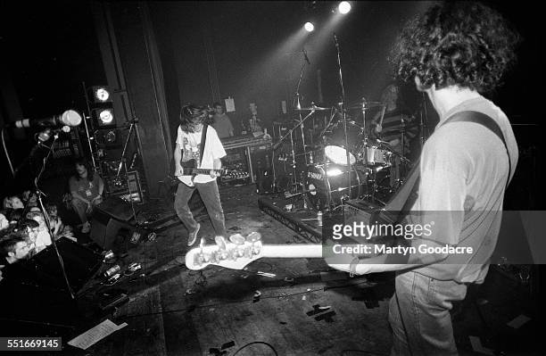 Norman Blake, Brendan O'Hare and Gerard Love of Teenage Fanclub perform on stage, United Kingdom, 1992.