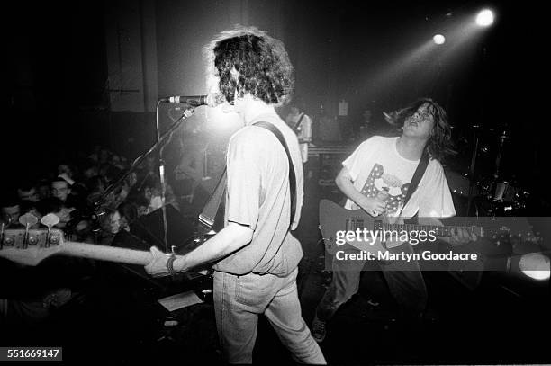 Gerard Love and Norman Blake of Teenage Fanclub perform on stage, United Kingdom, 1992.