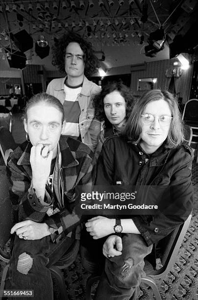 Group portrait of Teenage Fanclub, United Kingdom, 1992. L-R Brendan O'Hare, Gerard Love, Raymond McGinley, Norman Blake.