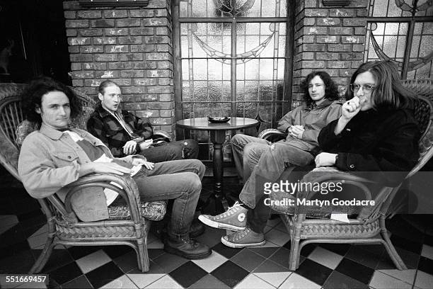 Group portrait of Teenage Fanclub, United Kingdom, 1992. L-R Gerard Love, Brendan O'Hare, Raymond McGinley, Norman Blake.