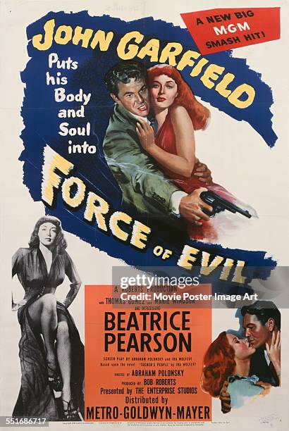 Poster for Abraham Polonsky's 1948 crime film 'Force of Evil' starring Beatrice Pearson, Marie Windsor, and John Garfield.