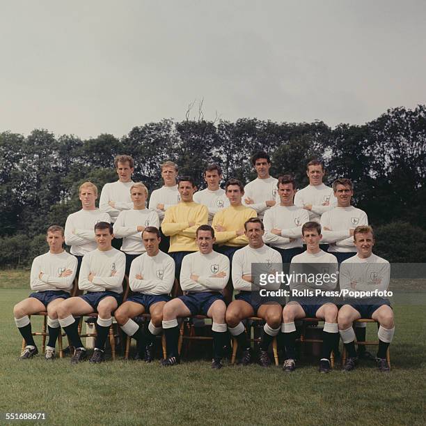 Tottenham Hotspur F.C. 1964-65 team squad members pictured at their training ground at Cheshunt, Hertfordshire on 31st July 1964. Back row, left to...