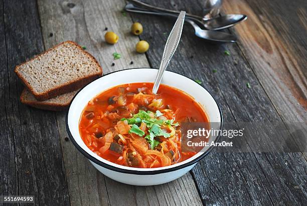 solyanka - russian tomato cabbage soup - vegetable soup stock pictures, royalty-free photos & images