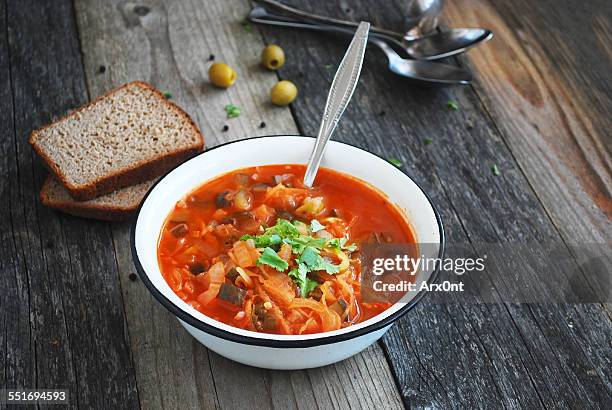 solyanka - russian tomato cabbage soup - rye bread stock pictures, royalty-free photos & images