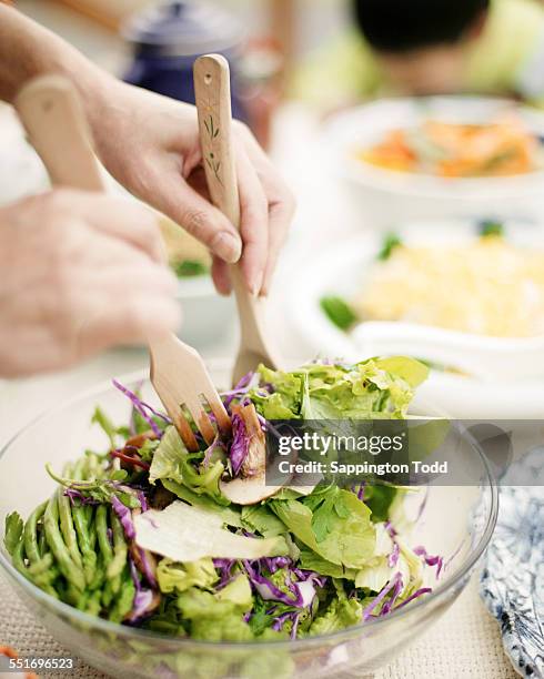 woman mixing salad - salad tossing stock pictures, royalty-free photos & images