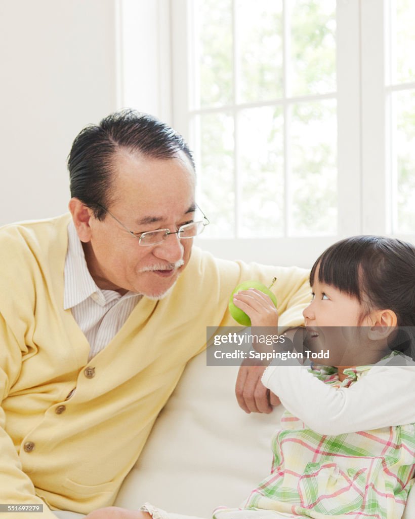 Girl Showing An Apple To Grandfather