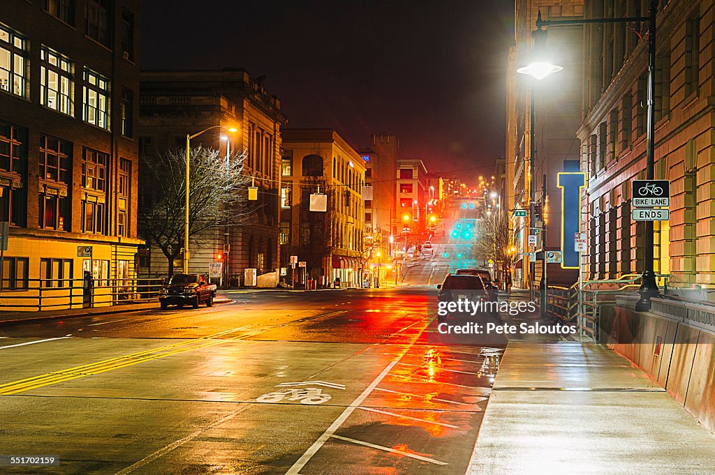 Empty street at night, Tacoma, Washington State, USA