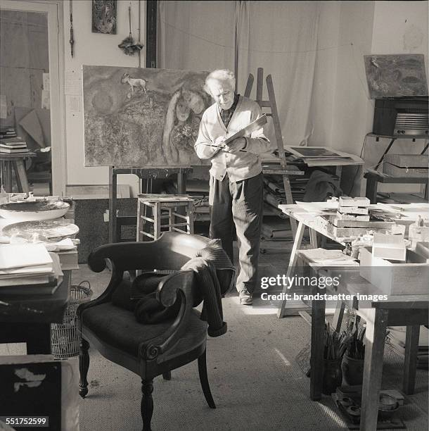 Painter Marc Chagall in his studio. St.Paul-de-Vence. 1957. France. Photograph by Franz Hubmann