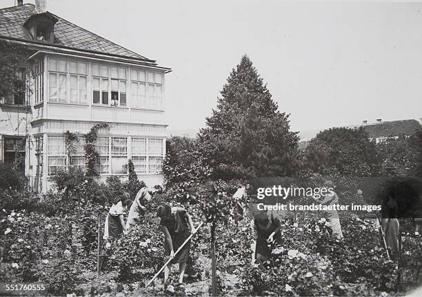 Horticultural school for girls of Yella Hertzka in Vienna-Grinzing. Care of roses. About 1930. Photograph.