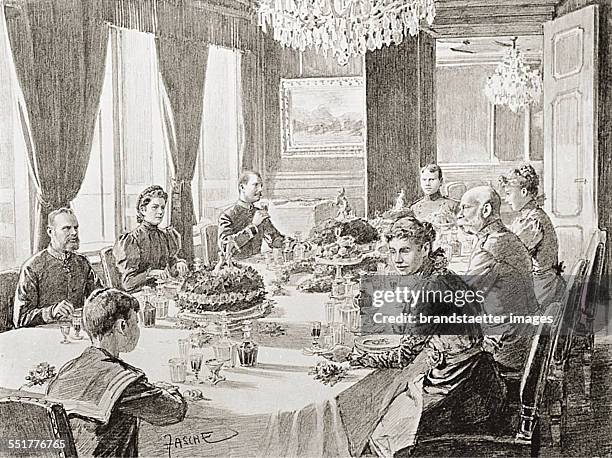 Family dinner at the Imperial Villa in Bad Ischl. Drawing by Theo Zasche. About 1890.