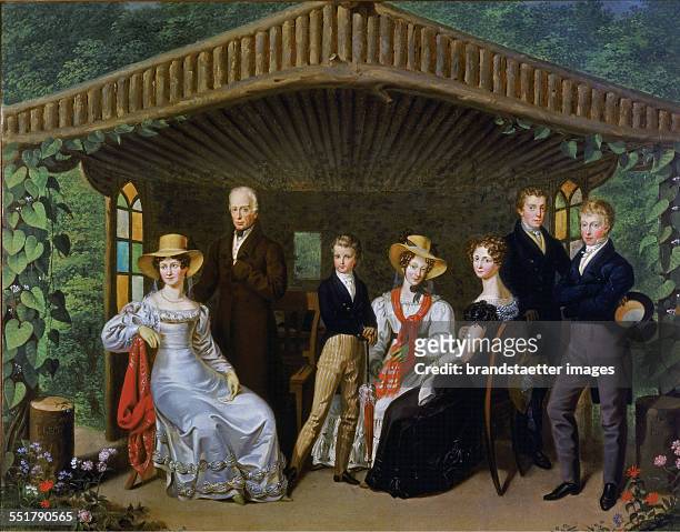 The imperial family of the Duke of Reichstadt in a garden arbor. Left Emperor Francis I. And his wife Augusta;then Napoleon Franz Karl Joseph;the...