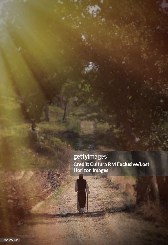 Person walking down country road in sunlight