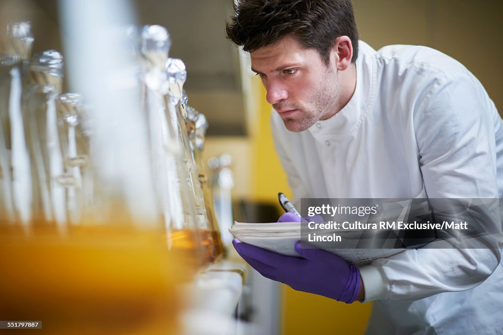 Male science student looking at flasks and making notes