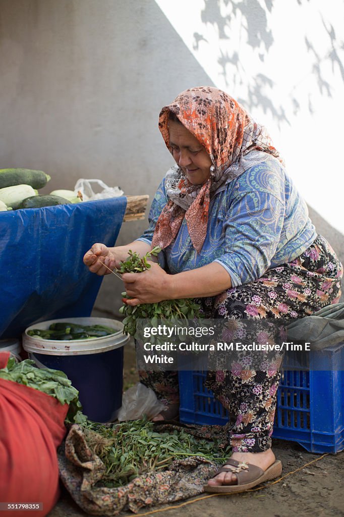 Old woman, selling herbs in Sigacik market, Sigacik, Seferihisar, Turkey