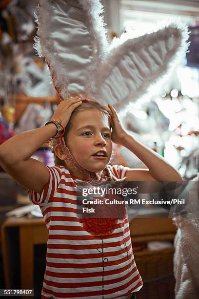 girl wearing bunny ears theatre costume backstage - rm creatief stockfoto's en -beelden