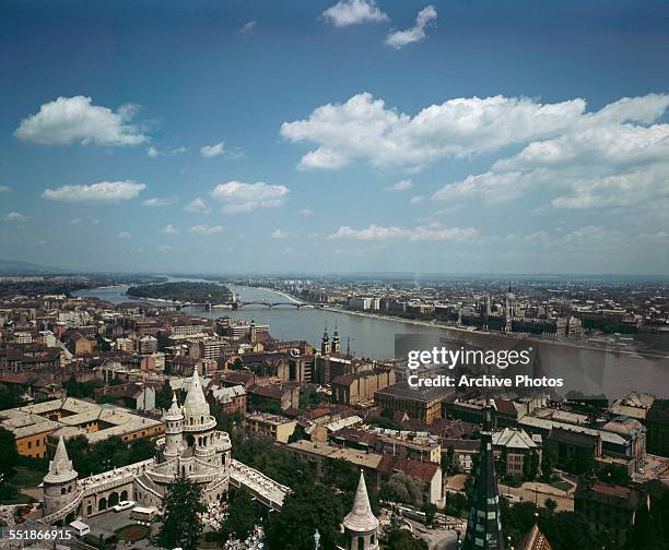 High angle view of Budapest and the Danube river, Hungary, circa 1960.