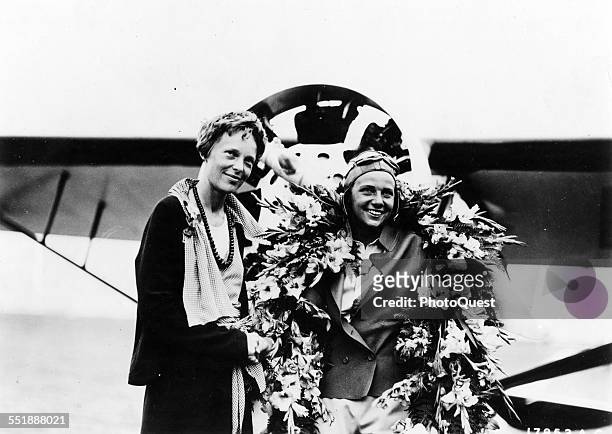 Portrait of American aviatrices Amelia Earhart and Florence Klingensmith , who had just won the Amelia Earhart Trophy Race, Cleveland, Ohio, August...