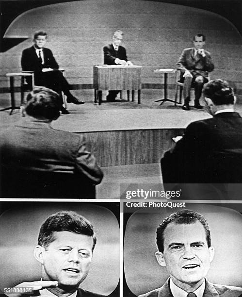 Composite image shows screen captures from the first televisied US Presidential debate, between politicians Senator John F Kennedy and then Vice...