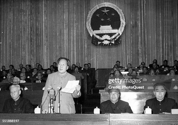Chairman of the Central Committee of the Communist Party of China Mao Tse-Tung presides over the opening session of the People's Congress, Bejing,...