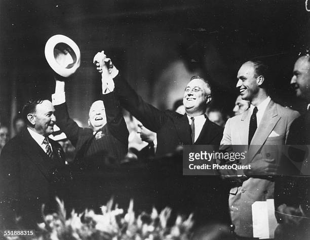 American politicians and Democratic Presidential and Vice Presidential nominees, respectively, Franklin D Roosevelt and John Nance Garner celebrate...