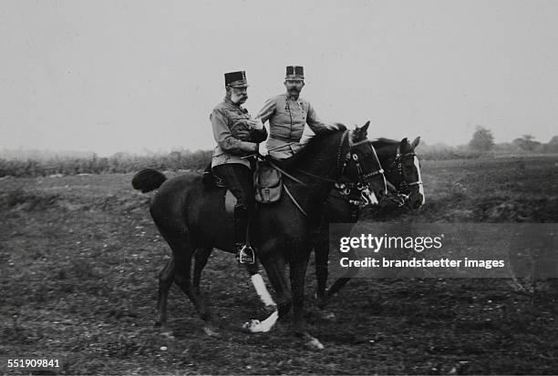 Emperor Franz Joseph I of Austria and Archduke Franz Ferdinand at the Imperial maneuvers in Veszprém / Hungary. 1908. Photograph.