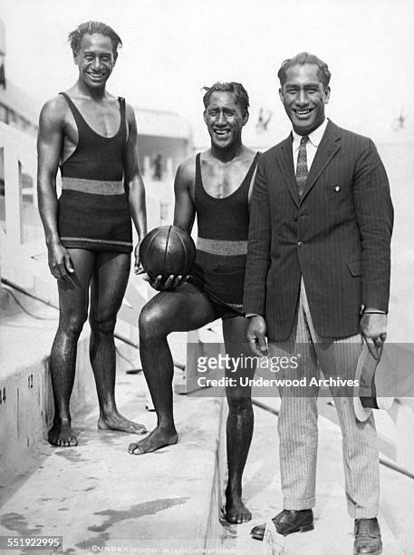 Hawaii's trio of great swimmers, Sam, Dave and Duke Kahanamoku at the Paris tank for the Olympic elimination swimming trials, Paris, France, July 16,...