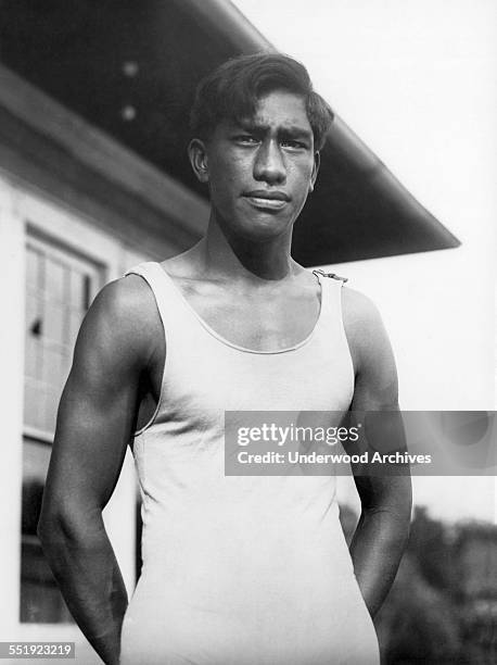 Portrait of swimming and surfing star Duke Kahanamoku, Hawaii, circa 1912.