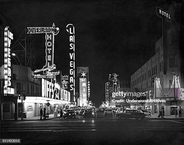 The Overland Hotel, Biff's Las Vegas Club and the Golden Gate casino on Fremont Street in Downtown Las Vegas, Nevada, circa 1959.