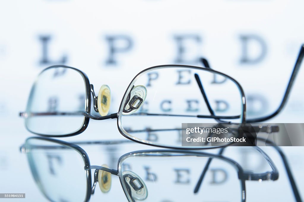 Myopic spectacles with a Snellen eye chart in the background