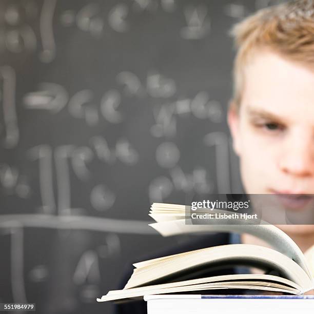 young man reading maths book - school denmark stock pictures, royalty-free photos & images