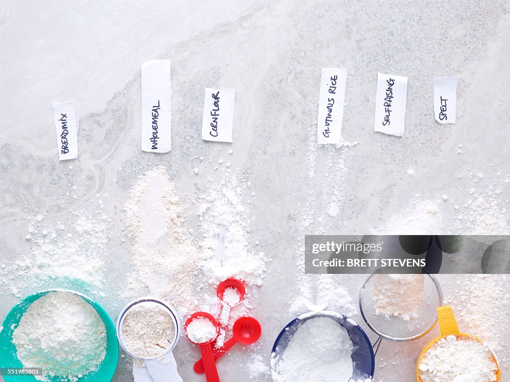 Six labeled flours - breadmix, wholemeal flour, cornflour, glutinous rice, self raising flour and spelt flour